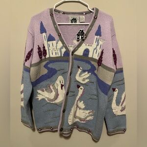 Storybook Knits Womens Cardigan Sweater Swans Size Large NWT